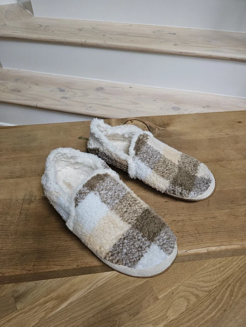 Toms India Brown Tan Cream Shearling Cozy Plaid Espadrille Slip Ons